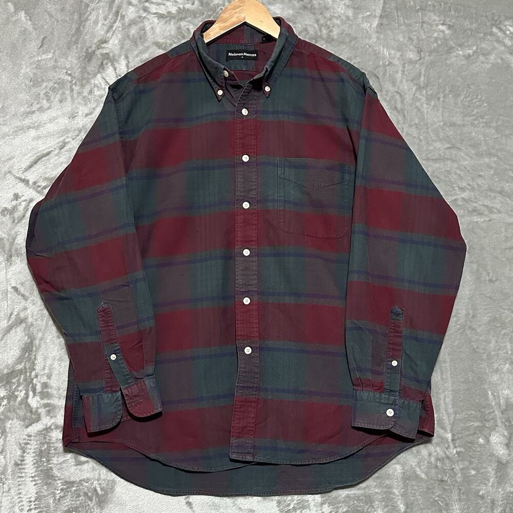 Vtg Neiman Marcus Plaid Button Down Cotton Shirt Mens Size L Red Classic Preppy